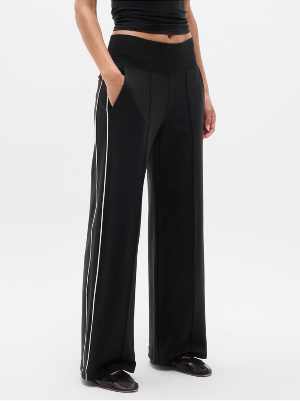 Athleta Black Wide-Leg Track Pants with White Side Stripe